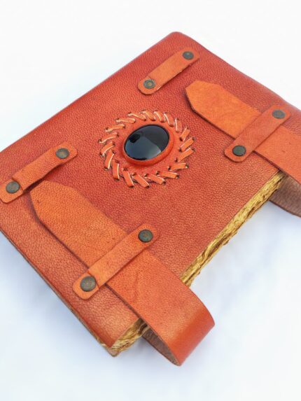 Handmade Brown Leather Journal with Black Stone and Leather Straps