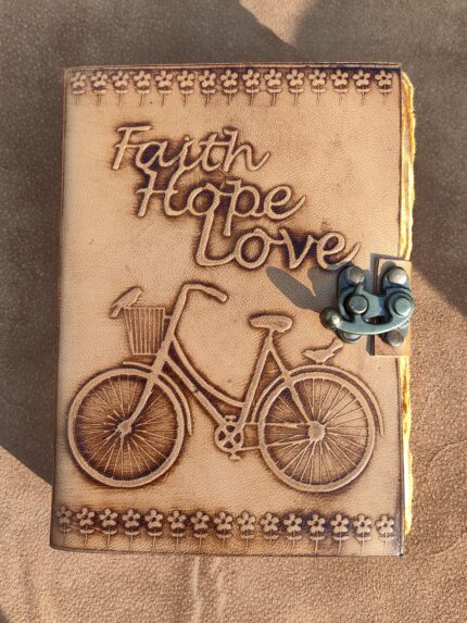 Leather Journal with "Faith Hope Love", Bicycle, Bird, and Metal Clasp