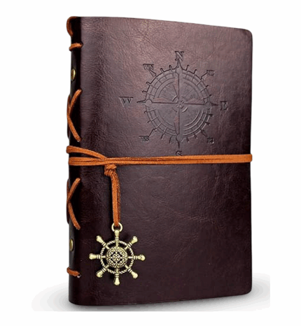 Leather Notebook with Compass Design and Ship Wheel Charm