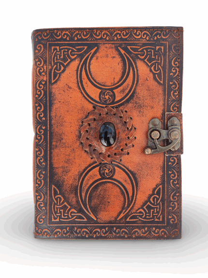 Handmade Leather Journal with Embossed Moon Phases, Black Stone & Floral Mandala