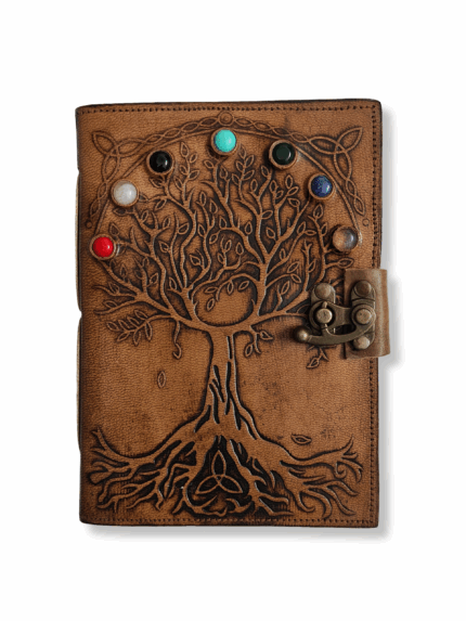 Handcrafted Leather Journal – Tree of Life with 7 Gemstones & Locking Closure