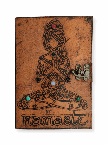 Namaste Leather Journal with Chakra Stones and Yoga Design