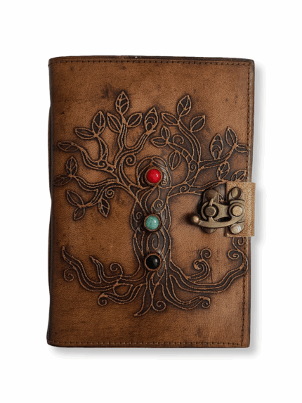 Tree of Life Leather Notebook with Stones and Lock – Handmade Natural Leather Journal