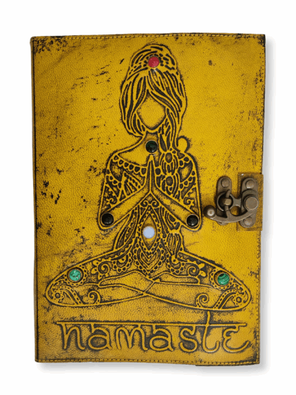 Namaste Design Leather Journal with 7 Stones and Lock – Yellow Cover Dairy 7x10