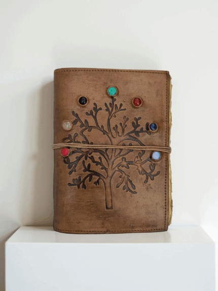 Rustic Brown Tree Notebook with 7 Stones and Wrap Closure