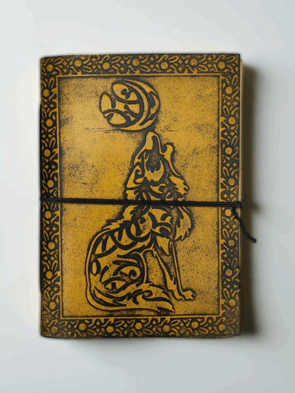 Handcrafted Leather Notebook with Wolf Design and Tie Closure